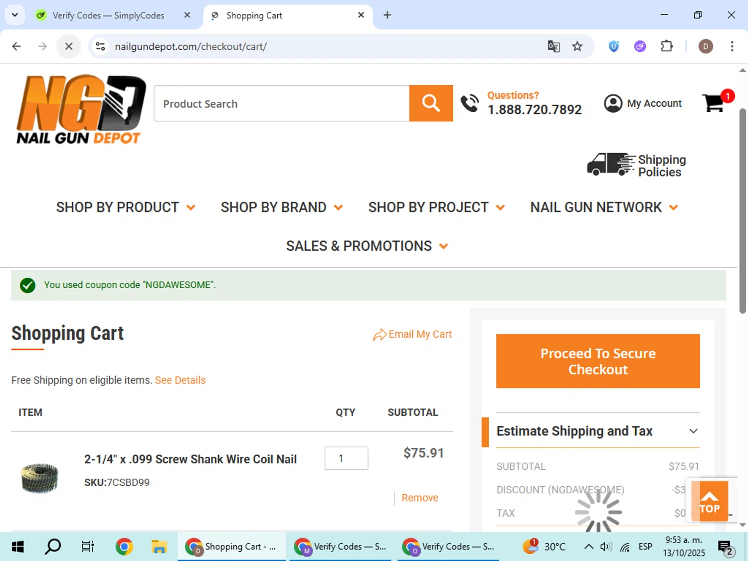 Nail Gun Depot coupon code screenshot showing code NGDAWESOME applied at Nail Gun Depot checkout page. Uploaded by SimplyCodes community member BrilliantWizard8884 on Oct 13, 2025