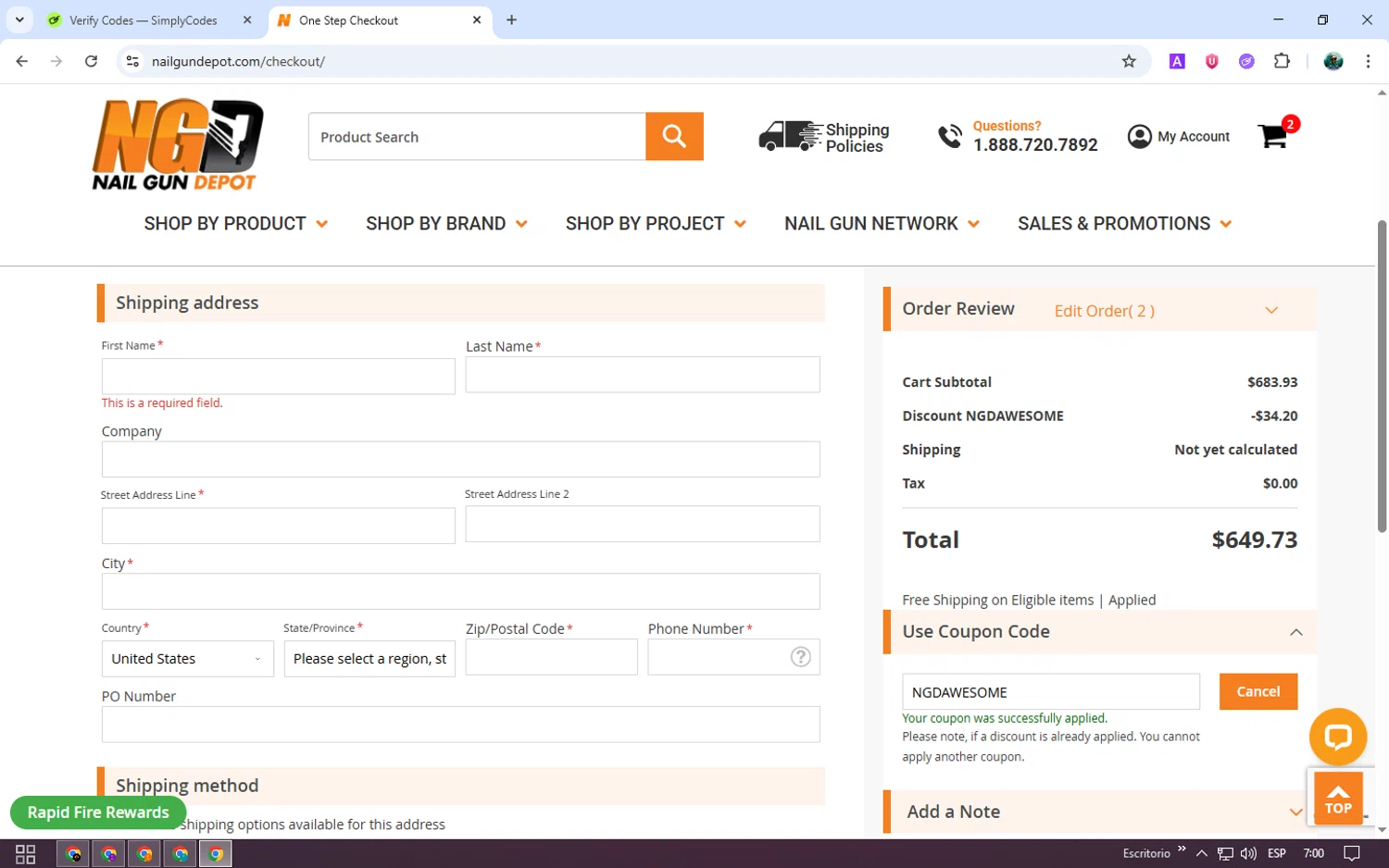 Nail Gun Depot coupon code screenshot showing code NGDAWESOME applied at Nail Gun Depot checkout page. Uploaded by SimplyCodes community member neurioandrades on Nov 11, 2025