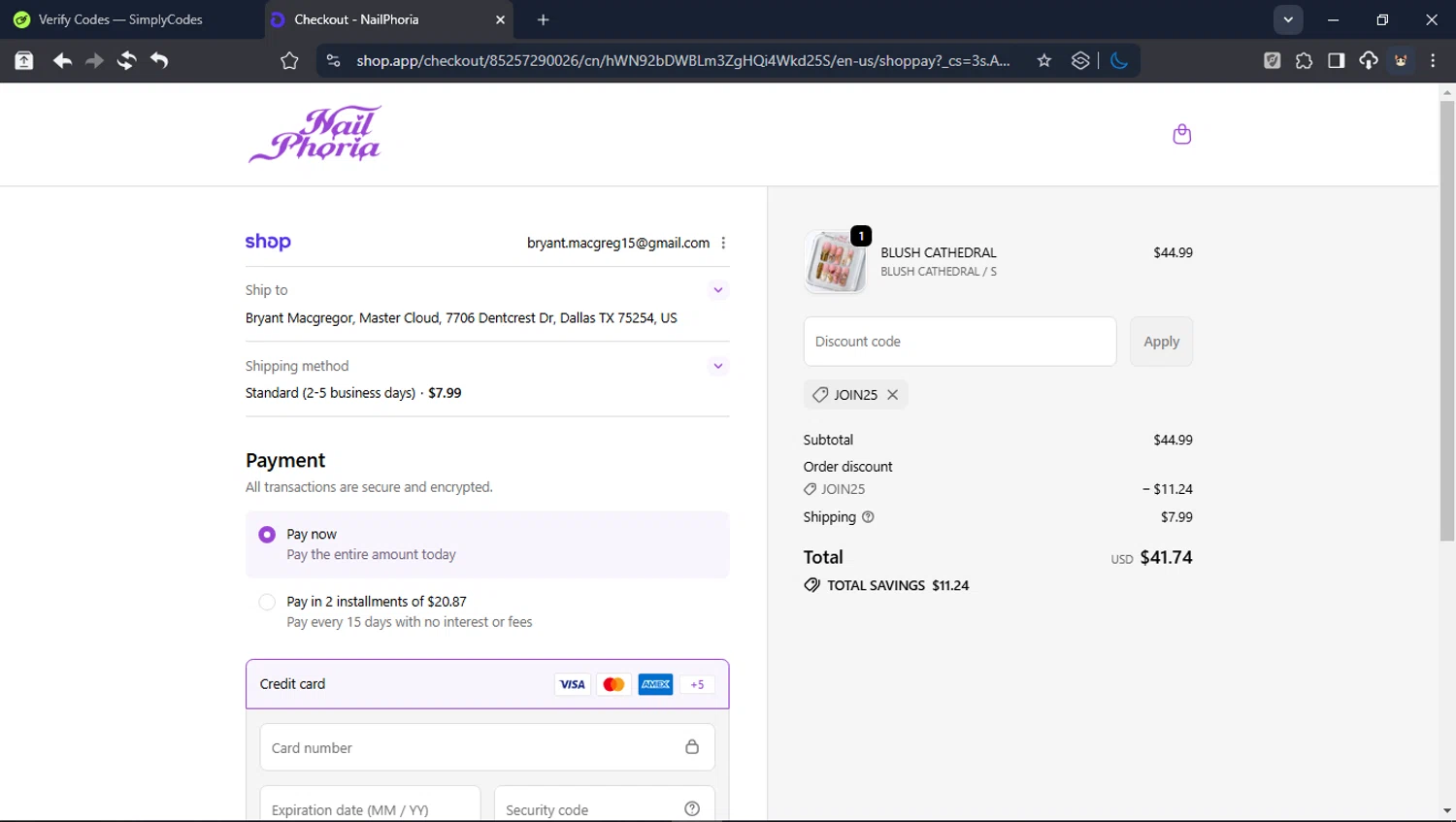 NailPhoria promo code screenshot showing code JOIN25 applied at NailPhoria checkout page. Uploaded by SimplyCodes community member LegendaryCollector6259 on Feb 21, 2026