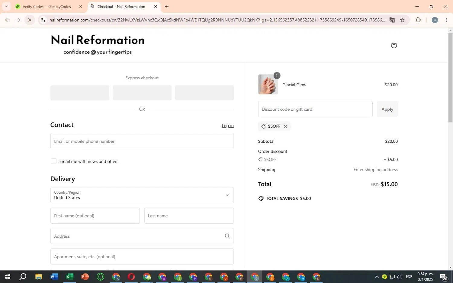 Nail Reformation discount code screenshot showing code $5OFF applied at Nail Reformation checkout page. Uploaded by SimplyCodes community member SwiftSage9854 on Jan 3, 2025
