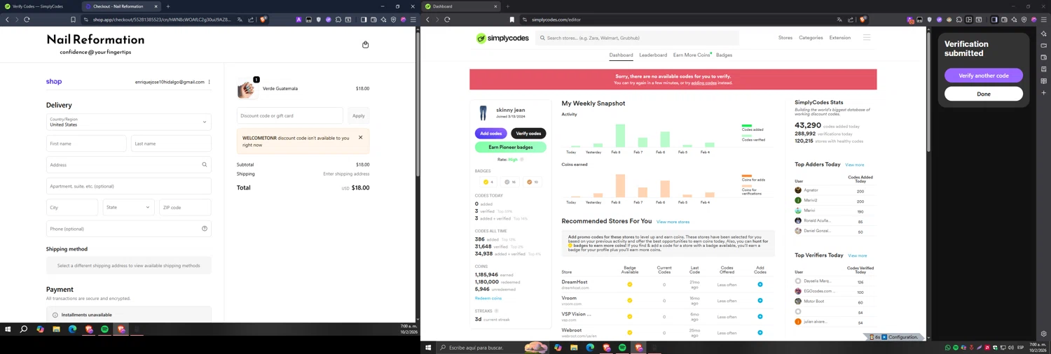 Nail Reformation discount code screenshot showing code WELCOMETONR applied at Nail Reformation checkout page. Uploaded by SimplyCodes community member Carlos54 on Feb 10, 2026