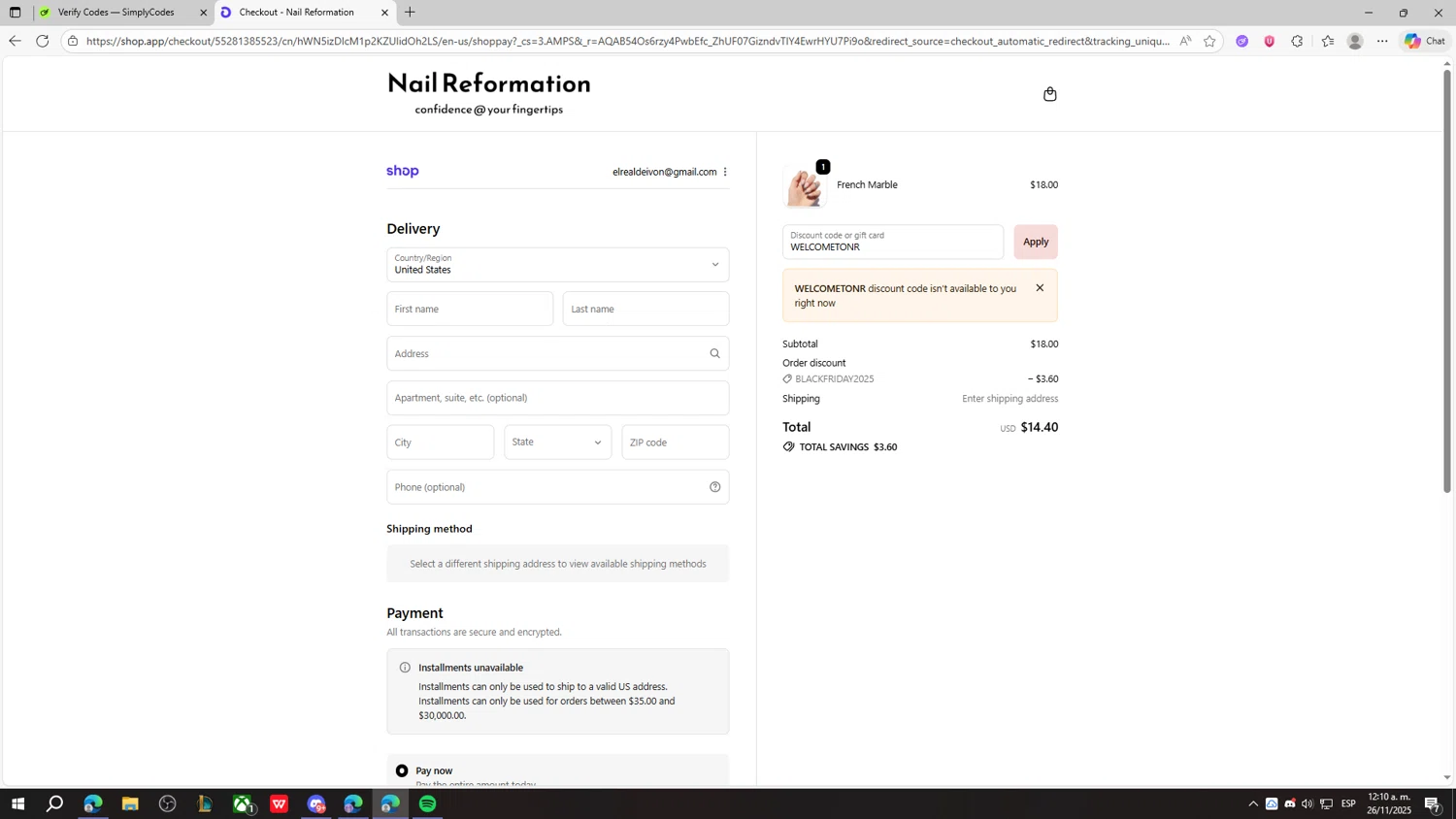 Nail Reformation discount code screenshot showing code WELCOMETONR applied at Nail Reformation checkout page. Uploaded by SimplyCodes community member gaaaaaaara on Nov 26, 2025