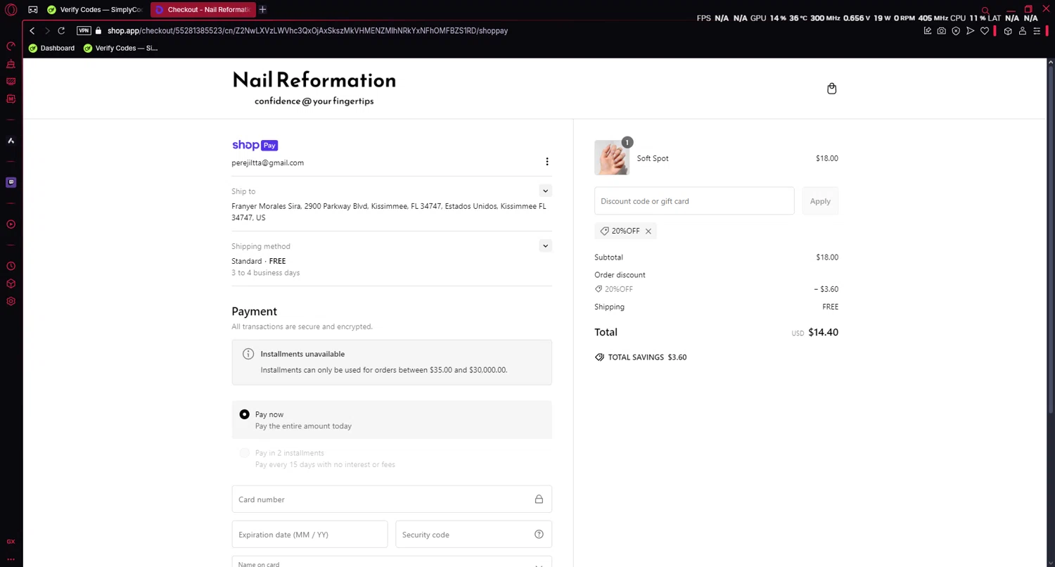 Nail Reformation discount code screenshot showing code 20%OFF applied at Nail Reformation checkout page. Uploaded by SimplyCodes community member Yezzzcose on Feb 2, 2025