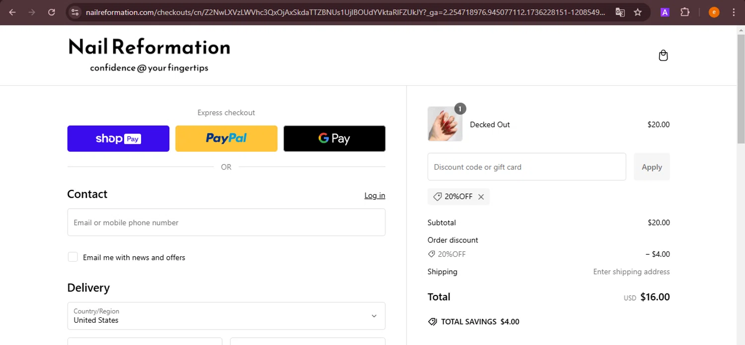 Nail Reformation discount code screenshot showing code 20%OFF applied at Nail Reformation checkout page. Uploaded by SimplyCodes community member NobleElite1598 on Jan 7, 2025