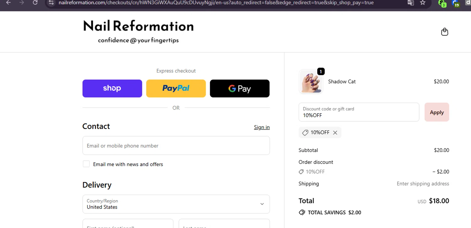 Nail Reformation discount code screenshot showing code 10%OFF applied at Nail Reformation checkout page. Uploaded by SimplyCodes community member ashe1986 on Sep 22, 2025