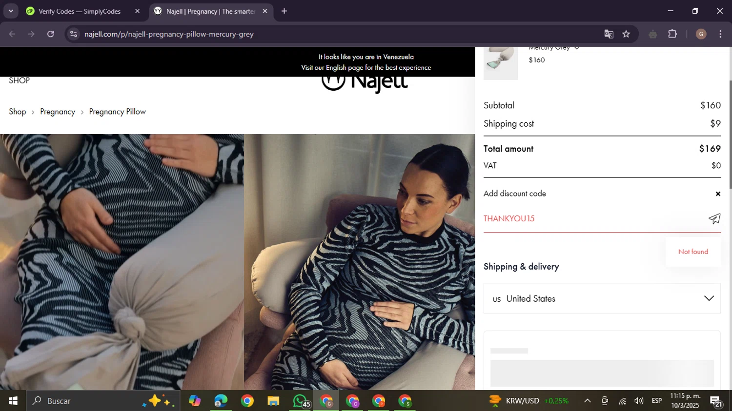 Najell discount code screenshot showing code THANKYOU15 applied at Najell checkout page. Uploaded by SimplyCodes community member BrilliantTracker4207 on Mar 11, 2025