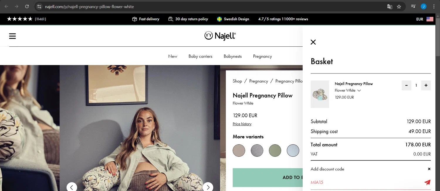 Najell discount code screenshot showing code MIA15 applied at Najell checkout page. Uploaded by SimplyCodes community member Jeanjc on Jan 18, 2025