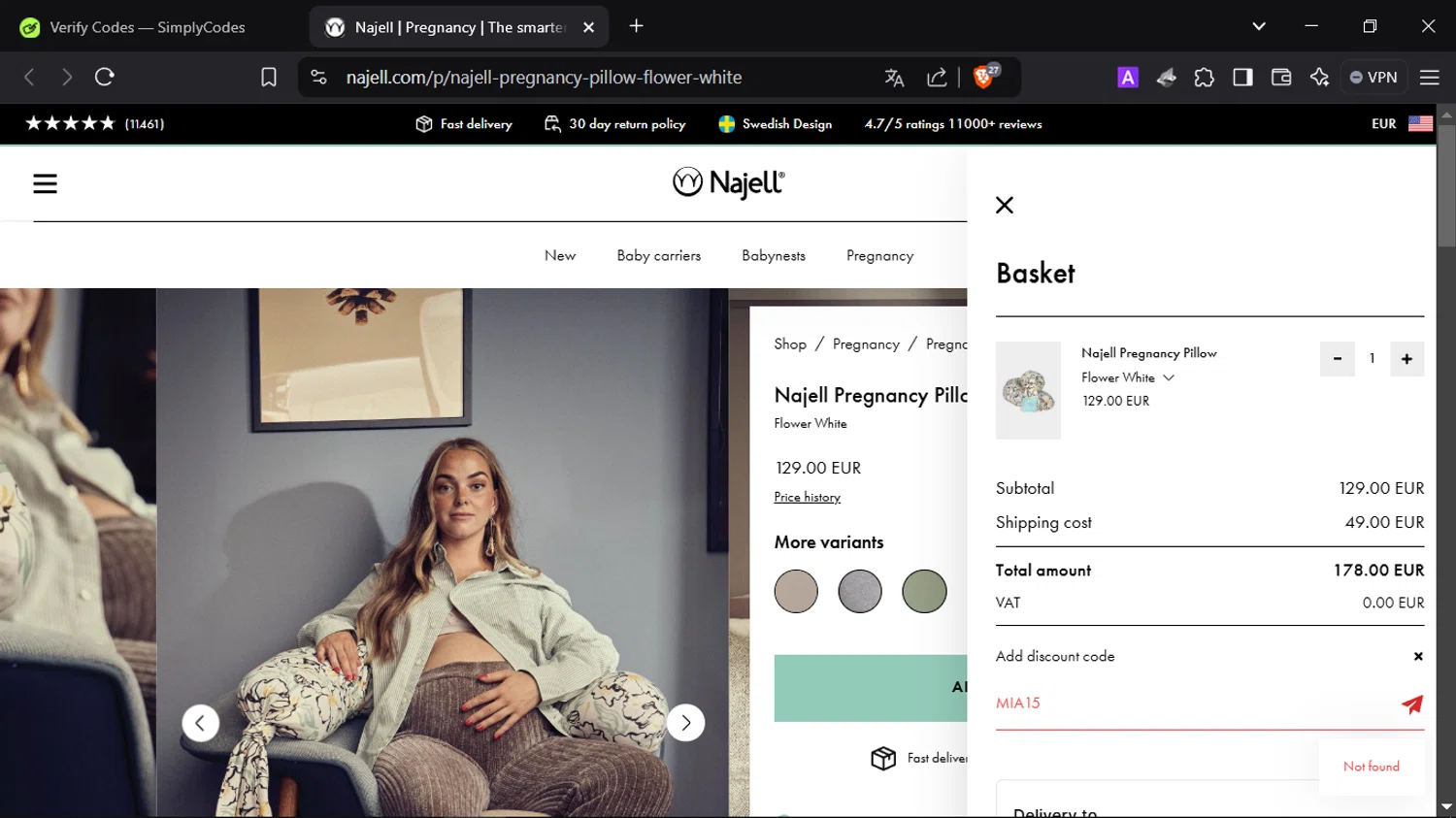 Najell discount code screenshot showing code MIA15 applied at Najell checkout page. Uploaded by SimplyCodes community member SmartScholar9589 on Jan 18, 2025