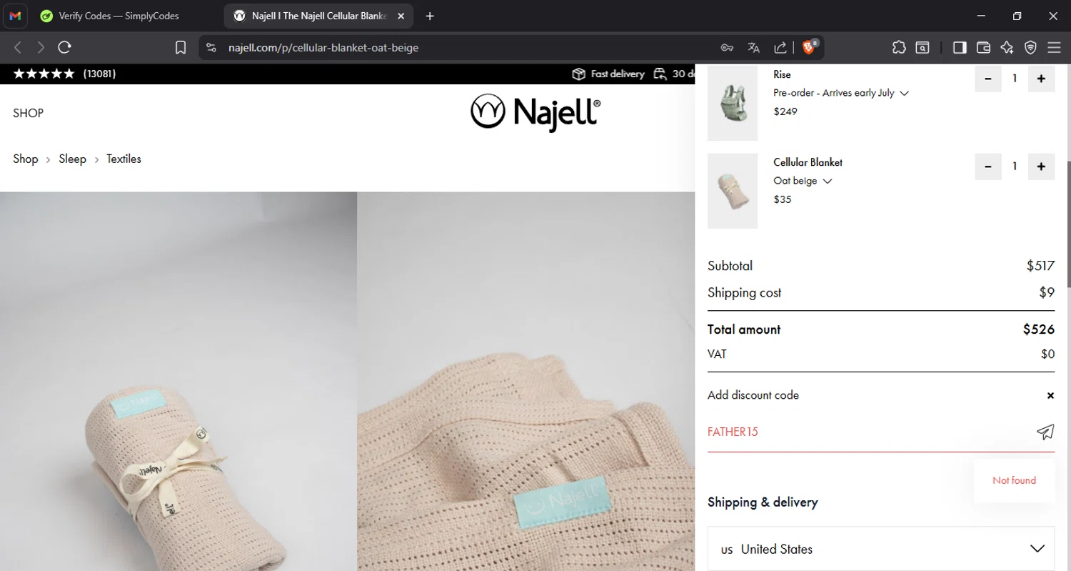 Najell discount code screenshot showing code FATHER15 applied at Najell checkout page. Uploaded by SimplyCodes community member Migu_u on Jul 11, 2025
