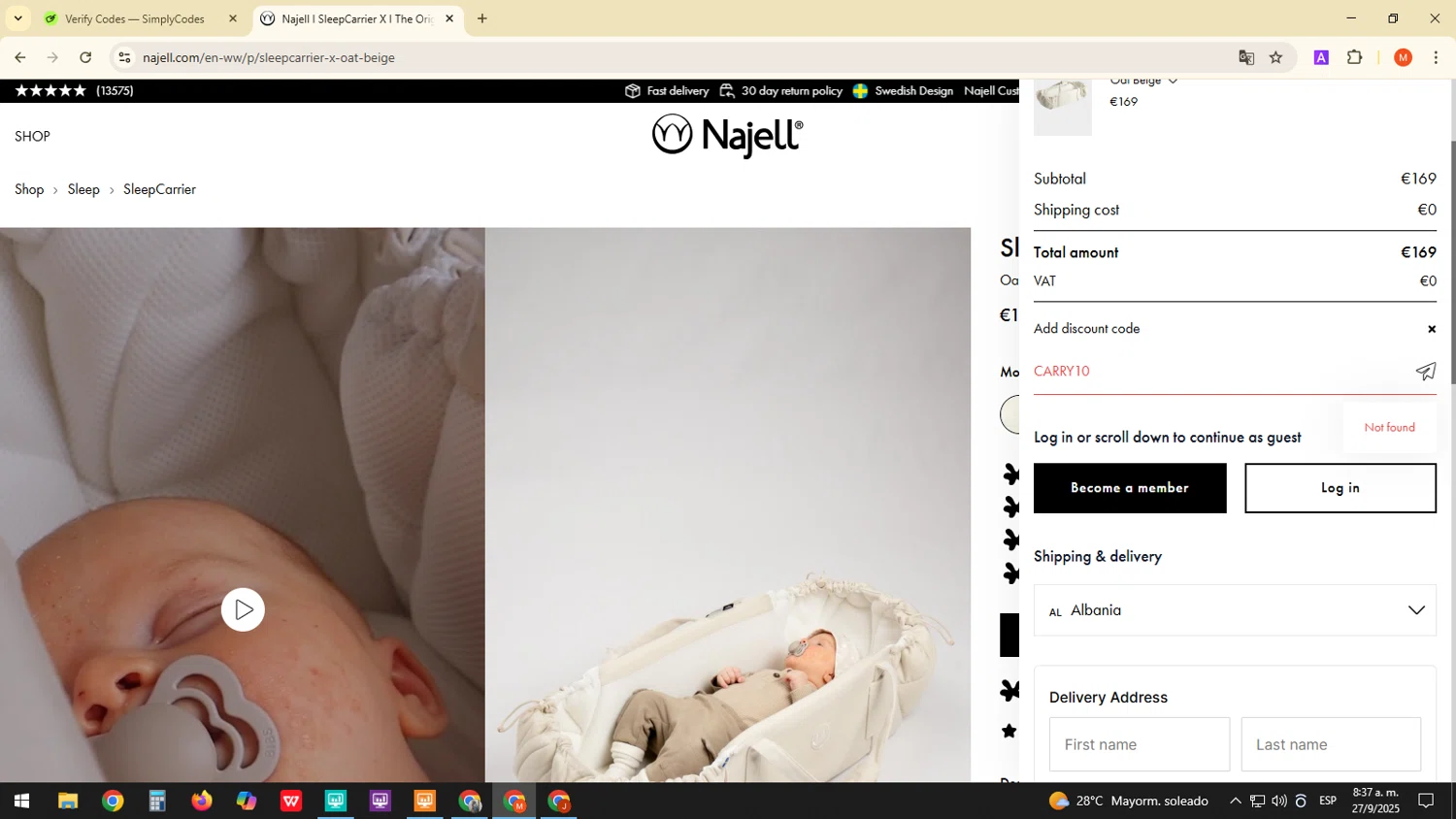 Najell discount code screenshot showing code CARRY10 applied at Najell checkout page. Uploaded by SimplyCodes community member ExtraordinaryDefender1444 on Sep 27, 2025