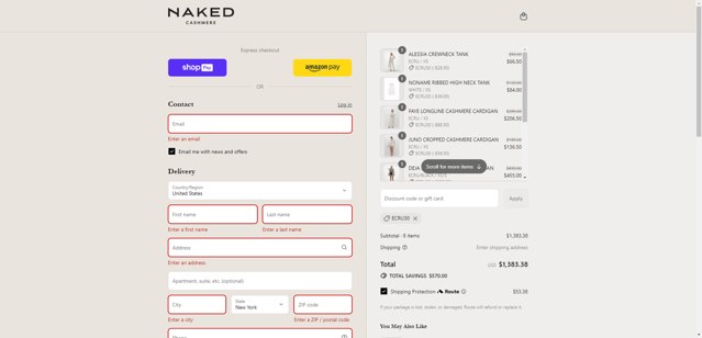 Naked Cashmere checkout page showing Naked Cashmere promo code box | Screenshot taken by SimplyCodes community member on Jul 24, 2025