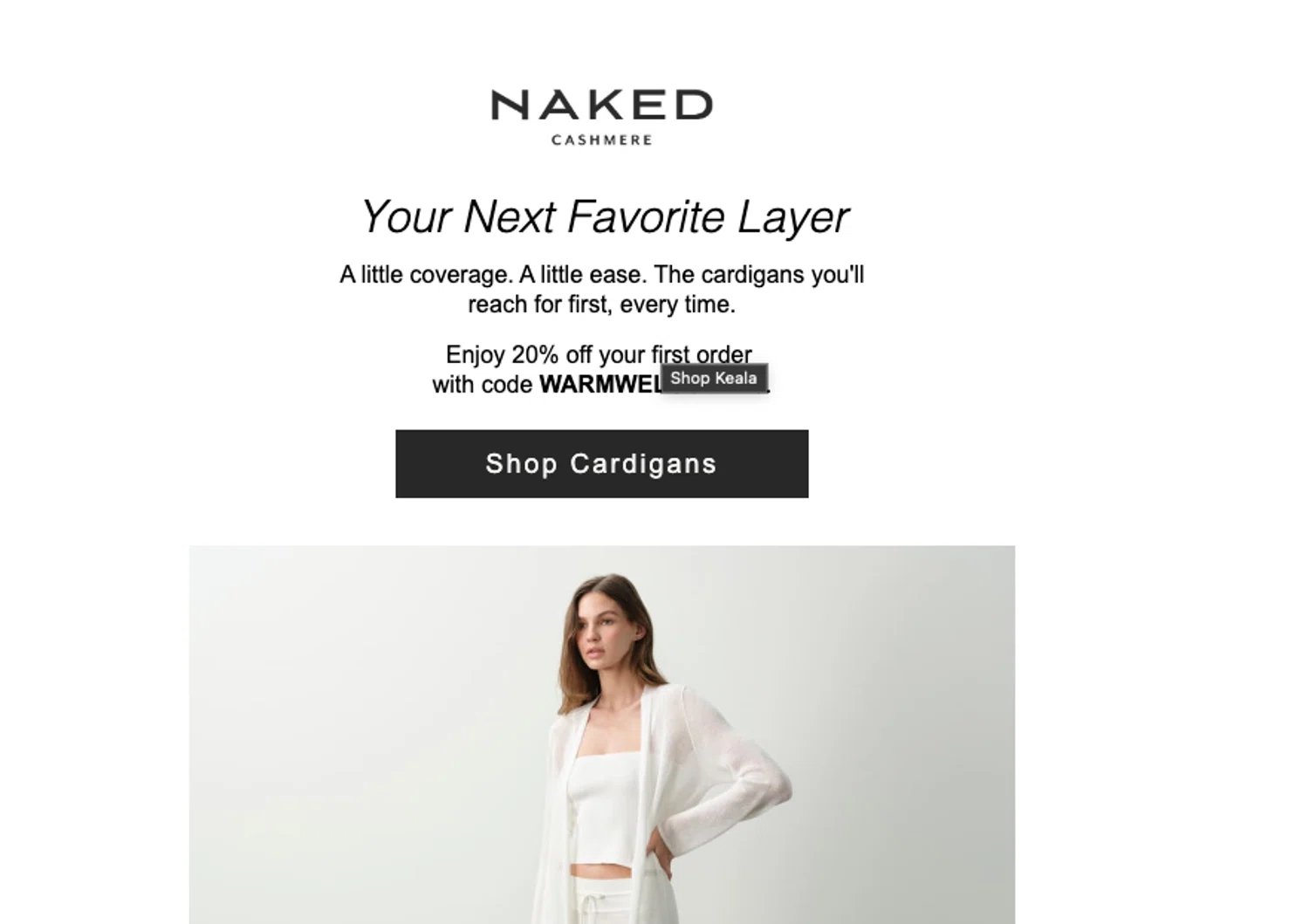 Naked Cashmere promo code screenshot showing code WARMWELCOME20 applied at Naked Cashmere checkout page. Uploaded by SimplyCodes community member ELOIN777 on May 13, 2026