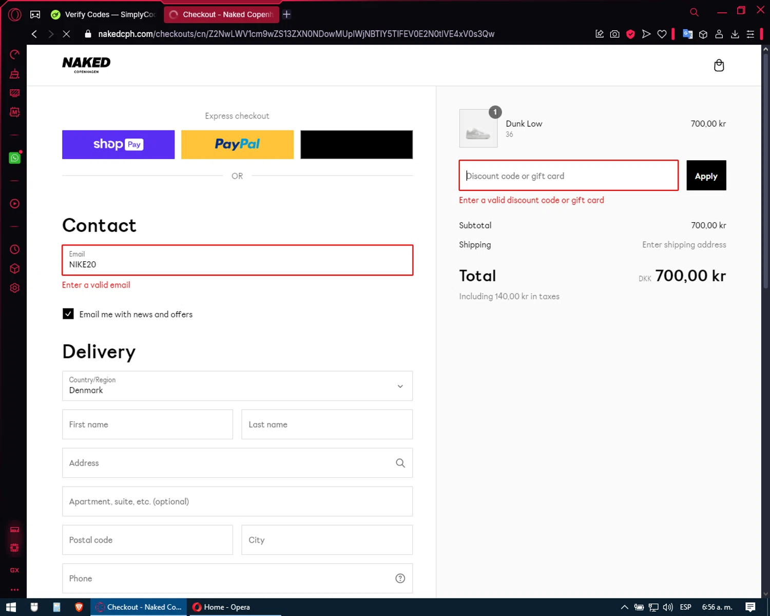 Naked Cph promo code screenshot showing code NIKE20 applied at Naked Cph checkout page. Uploaded by SimplyCodes community member XXXTENTACION on Jan 19, 2025