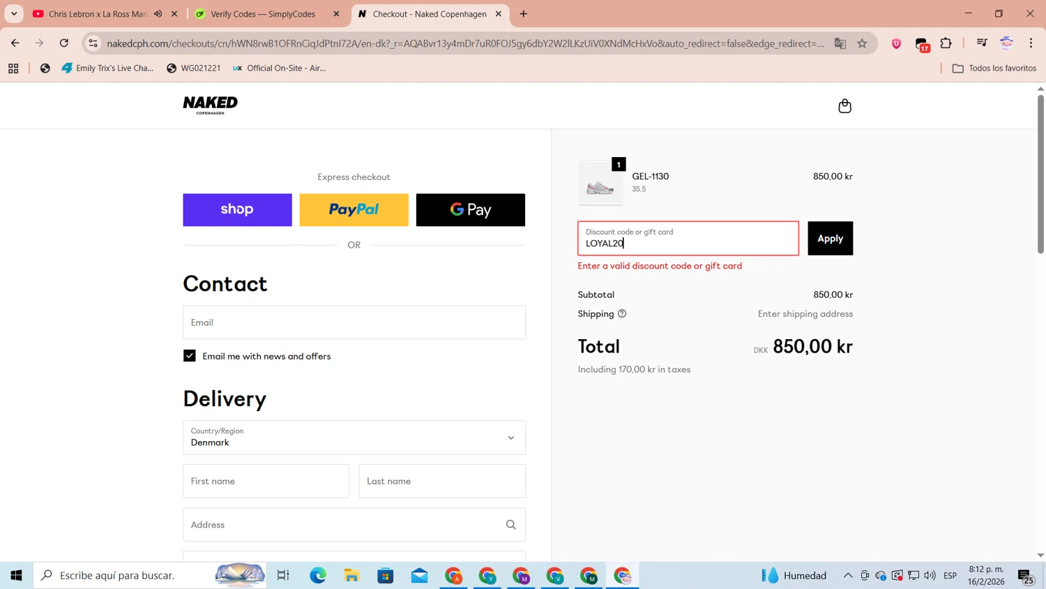 Naked Cph promo code screenshot showing code LOYAL20 applied at Naked Cph checkout page. Uploaded by SimplyCodes community member CoinLegend1707 on Feb 17, 2026