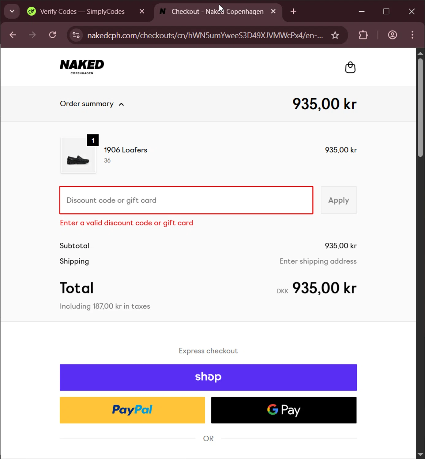 Naked Cph promo code screenshot showing code BLACK20 applied at Naked Cph checkout page. Uploaded by SimplyCodes community member LuckyNavigator1490 on Dec 1, 2025