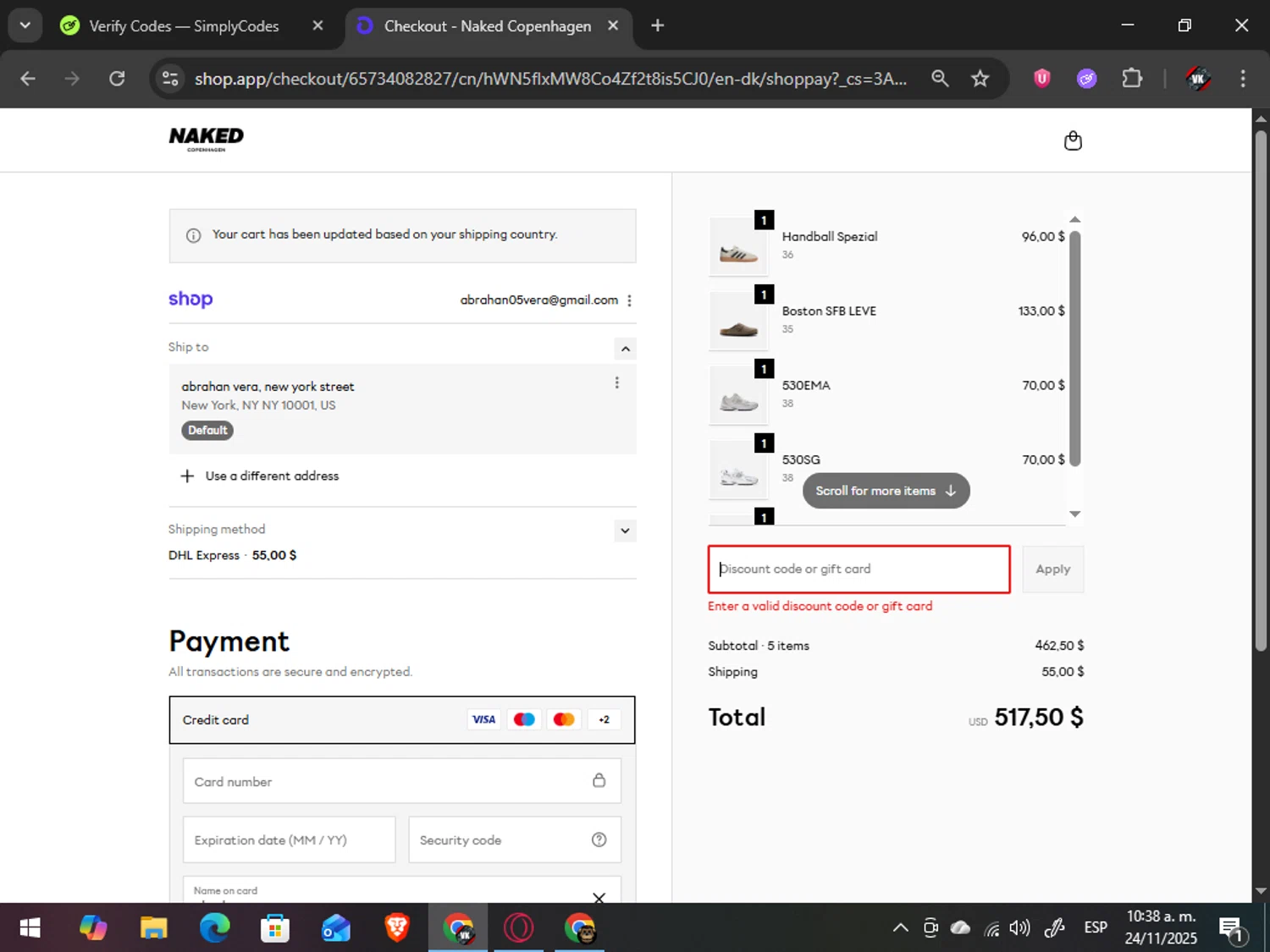 Naked Cph promo code screenshot showing code BLACK20 applied at Naked Cph checkout page. Uploaded by SimplyCodes community member TreasureAdmiral6867 on Nov 24, 2025