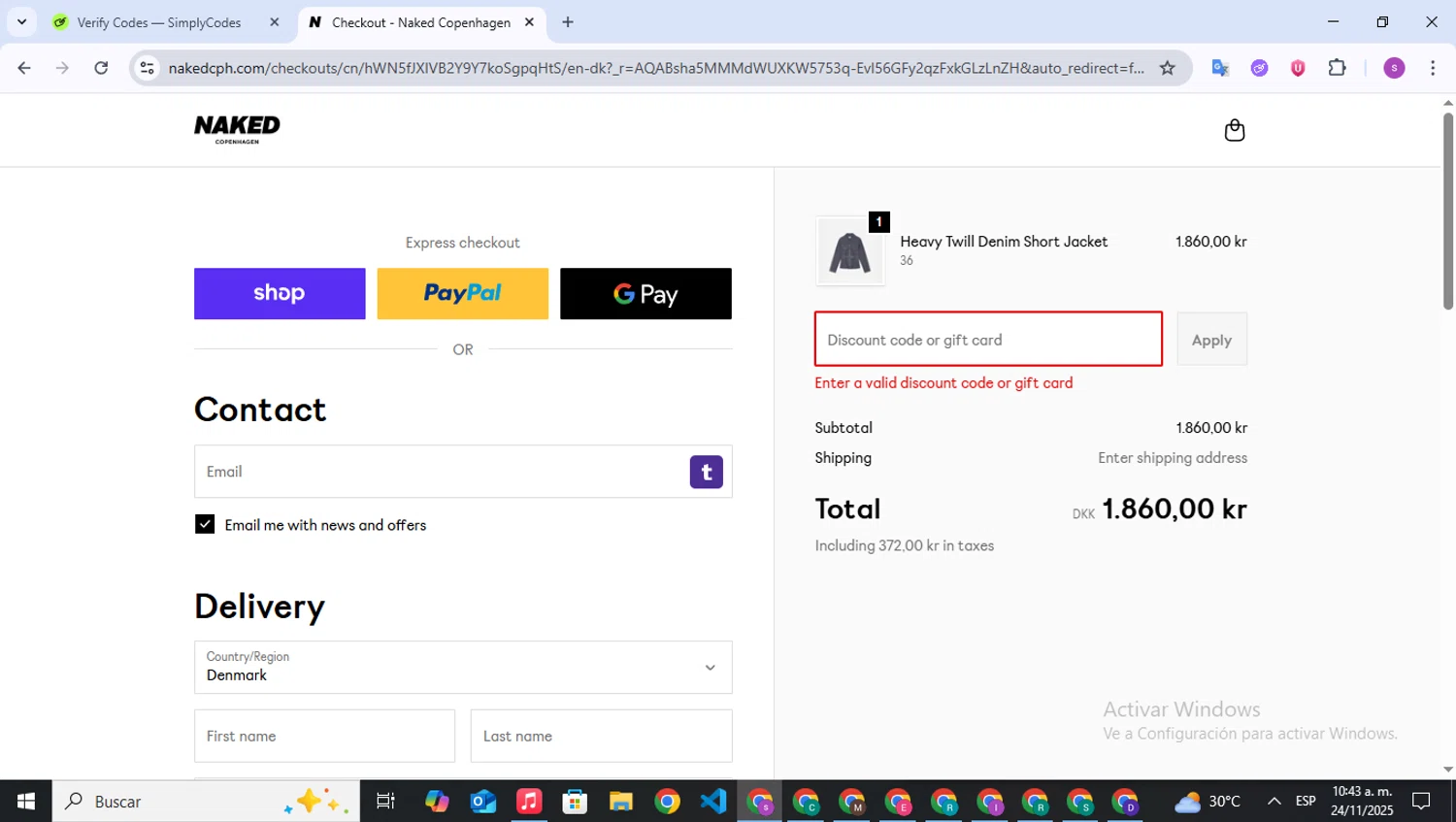 Naked Cph promo code screenshot showing code BLACK20 applied at Naked Cph checkout page. Uploaded by SimplyCodes community member WonderPioneer5062 on Nov 24, 2025