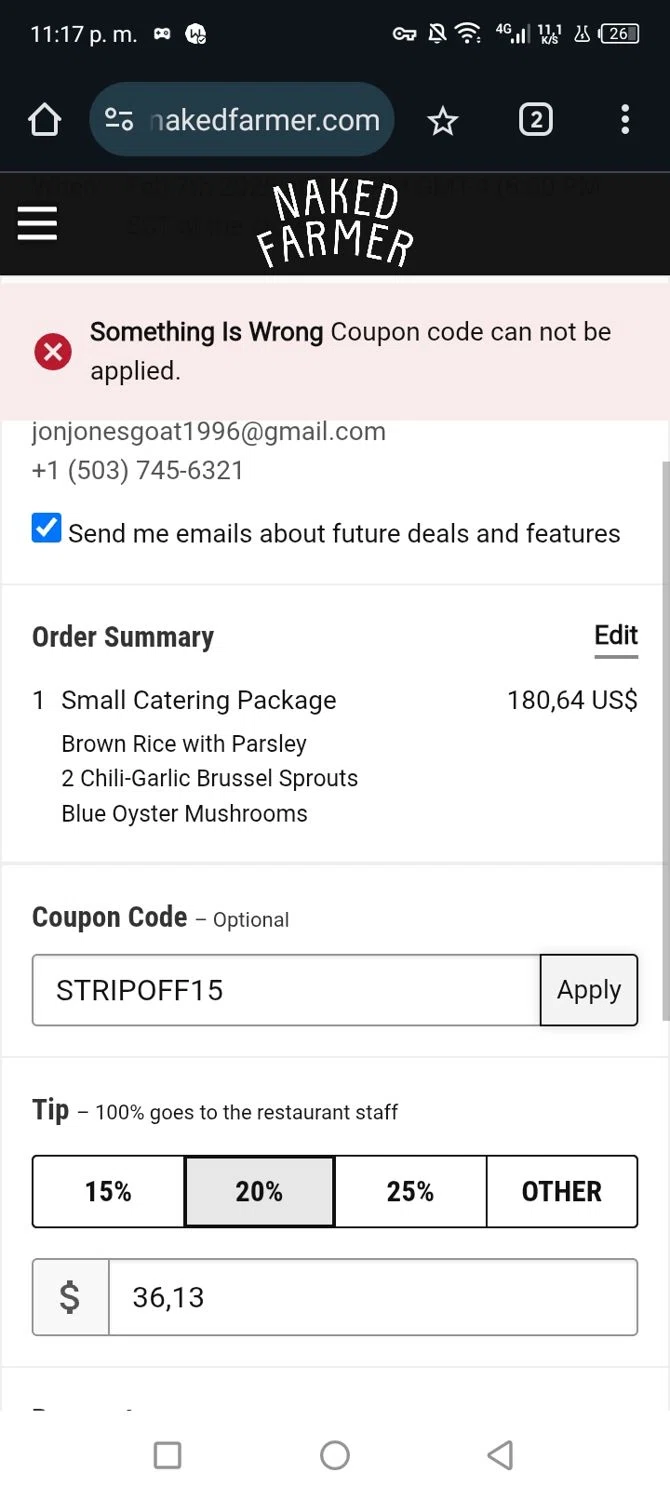 Naked Farmer coupon code screenshot showing code STRIPOFF15 applied at Naked Farmer checkout page. Uploaded by SimplyCodes community member Junniorduno on Jan 29, 2025