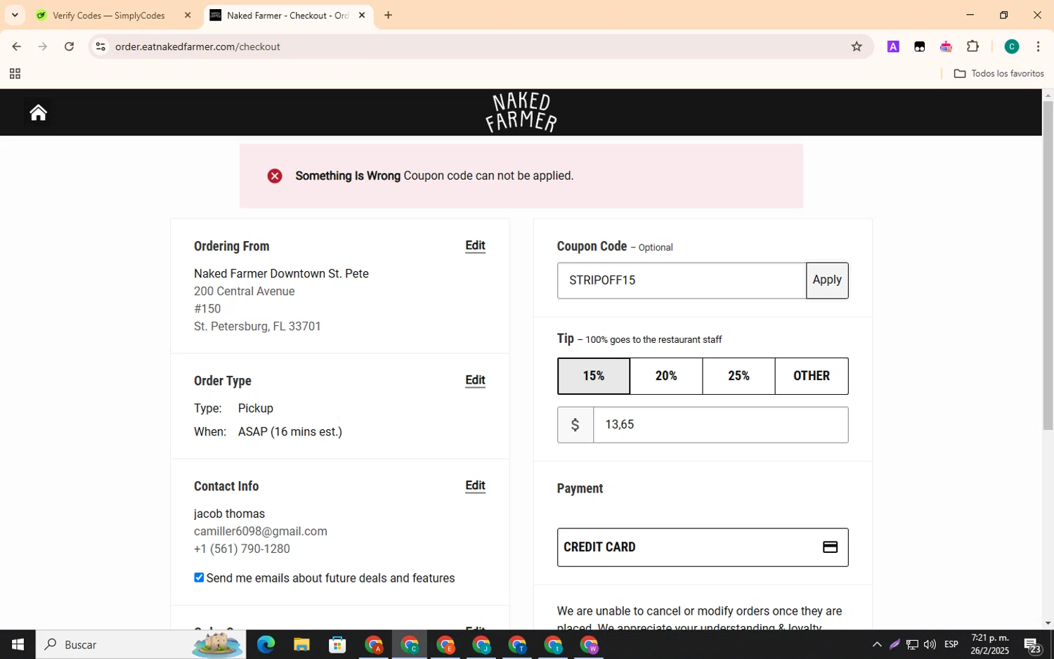 Naked Farmer coupon code screenshot showing code STRIPOFF15 applied at Naked Farmer checkout page. Uploaded by SimplyCodes community member EpicSpotter3493 on Feb 26, 2025