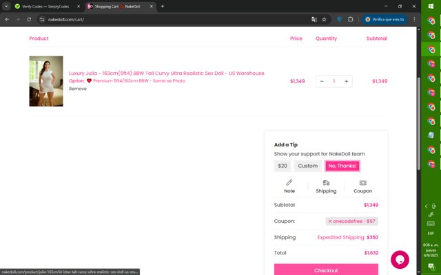 NakeDoll checkout page showing NakeDoll promo code box | Screenshot taken by SimplyCodes community member on Sep 4, 2025