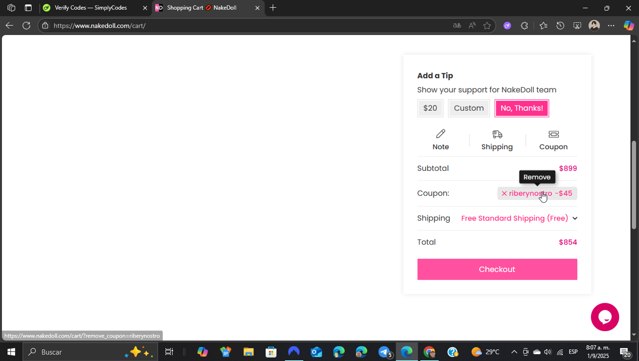 NakeDoll checkout page showing NakeDoll promo code box | Screenshot taken by SimplyCodes community member on Sep 1, 2025