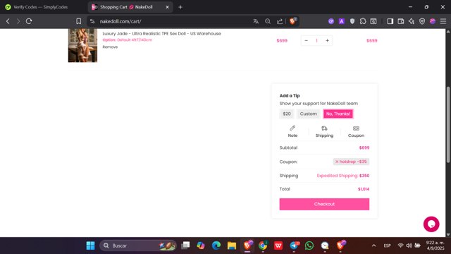 NakeDoll checkout page showing NakeDoll promo code box | Screenshot taken by SimplyCodes community member on Sep 4, 2025