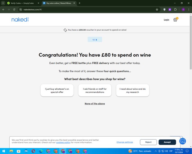 Naked Wines checkout page showing Naked Wines discount code box | Screenshot taken by SimplyCodes community member on Jul 25, 2024