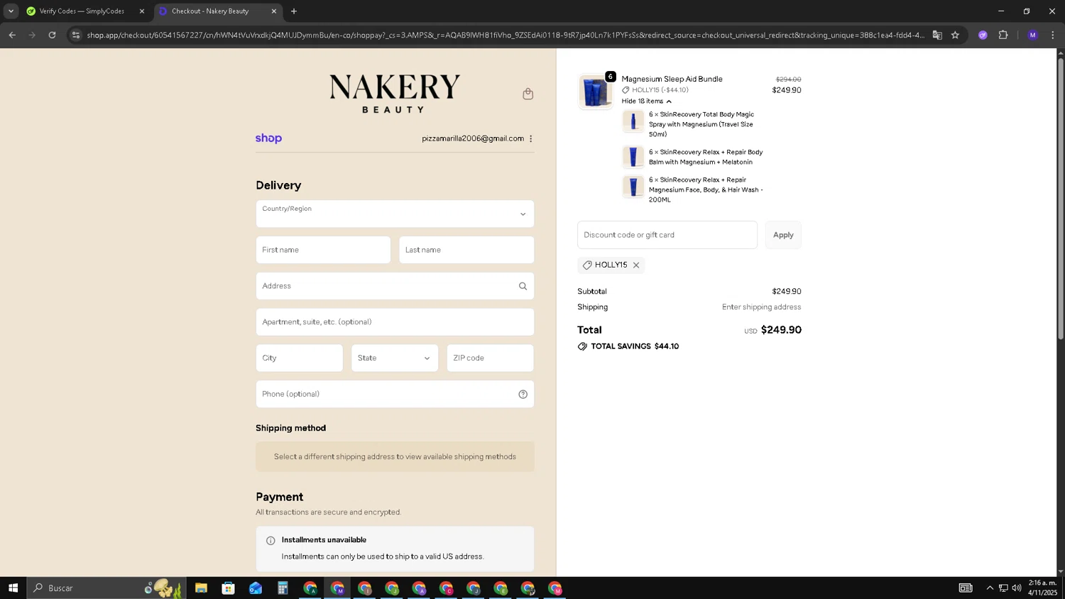 Nakery Beauty promo code screenshot showing code HOLLY15 applied at Nakery Beauty checkout page. Uploaded by SimplyCodes community member CRF250CC on Nov 4, 2025