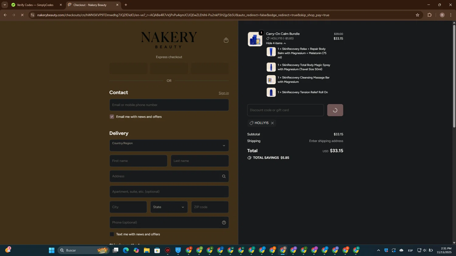 Nakery Beauty promo code screenshot showing code HOLLY15 applied at Nakery Beauty checkout page. Uploaded by SimplyCodes community member CashScout2884 on Nov 15, 2025