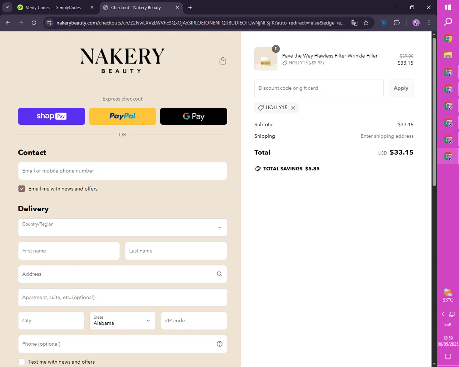 Nakery Beauty promo code screenshot showing code HOLLY15 applied at Nakery Beauty checkout page. Uploaded by SimplyCodes community member SmartLion1183 on May 6, 2025
