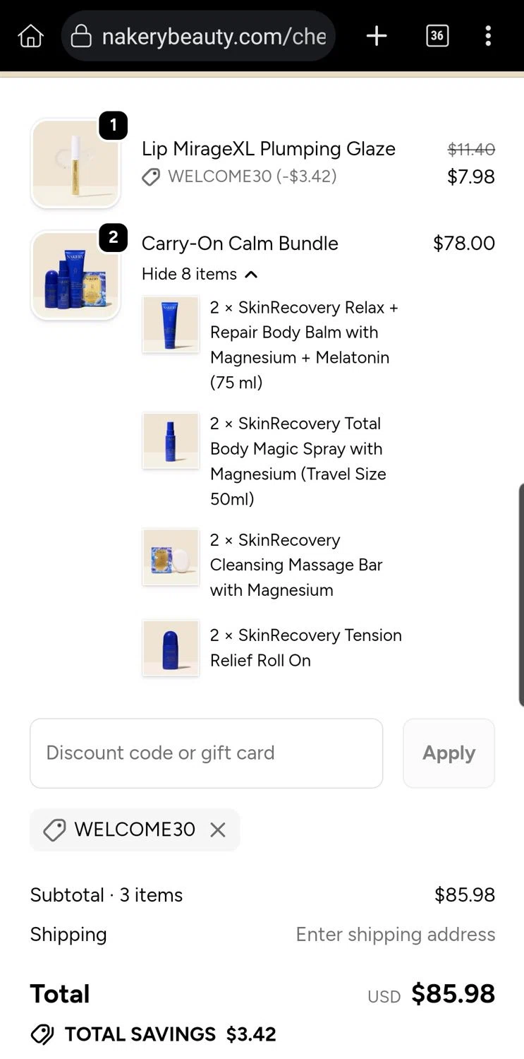 Nakery Beauty promo code screenshot showing code Welcome30 applied at Nakery Beauty checkout page. Uploaded by SimplyCodes community member Carloslvz on Nov 20, 2025