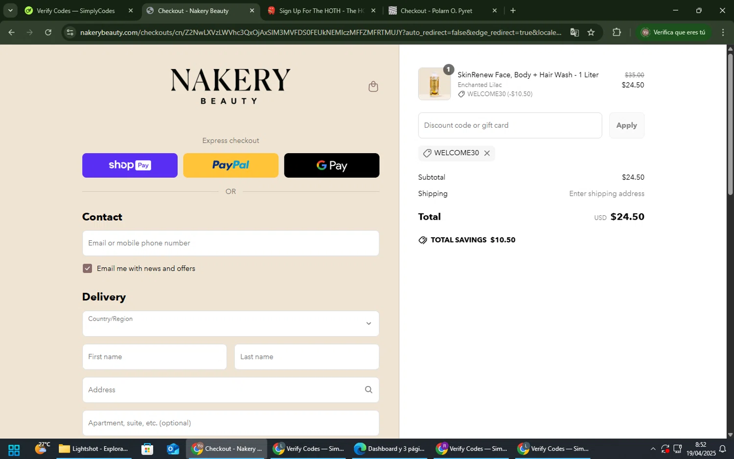 Nakery Beauty promo code screenshot showing code Welcome30 applied at Nakery Beauty checkout page. Uploaded by SimplyCodes community member ElCazarecompensas on Apr 19, 2025