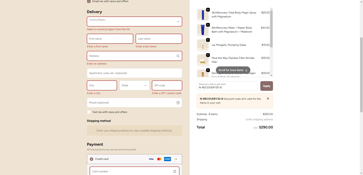 Nakery Beauty promo code screenshot showing code N-RECOVERY30-B applied at Nakery Beauty checkout page. Uploaded by SimplyCodes community member PennyRanger8219 on Oct 19, 2025