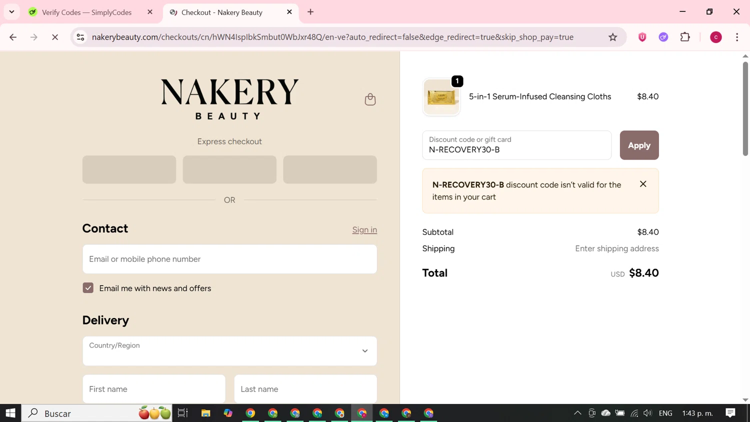 Nakery Beauty promo code screenshot showing code N-RECOVERY30-B applied at Nakery Beauty checkout page. Uploaded by SimplyCodes community member RewardElite5744 on Oct 19, 2025