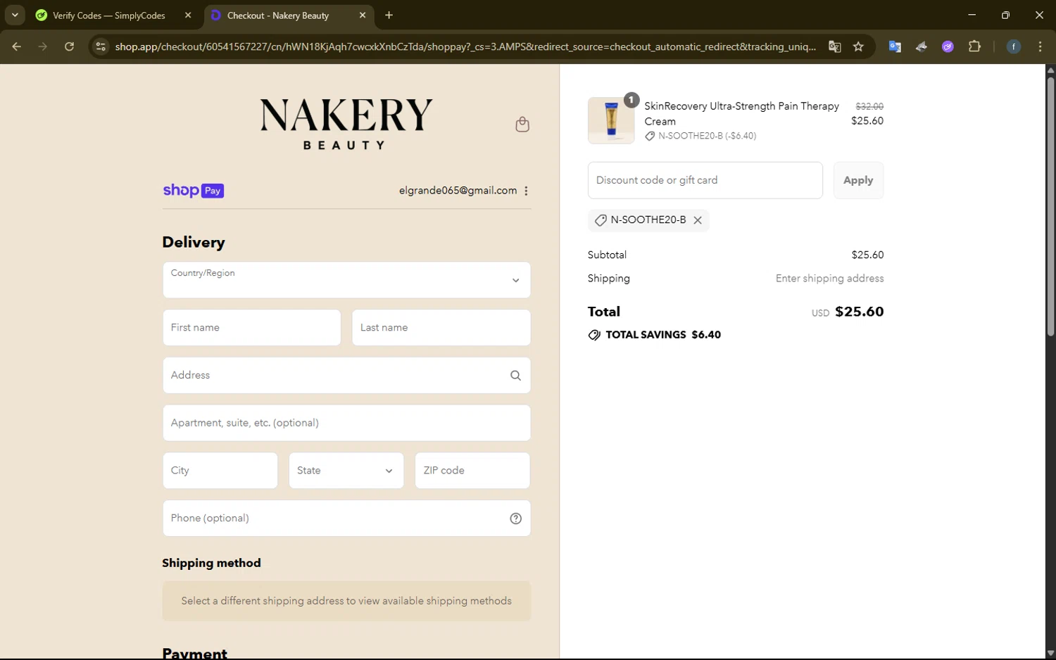 Nakery Beauty promo code screenshot showing code N-SOOTHE20-B applied at Nakery Beauty checkout page. Uploaded by SimplyCodes community member SmartElite7457 on Jul 28, 2025