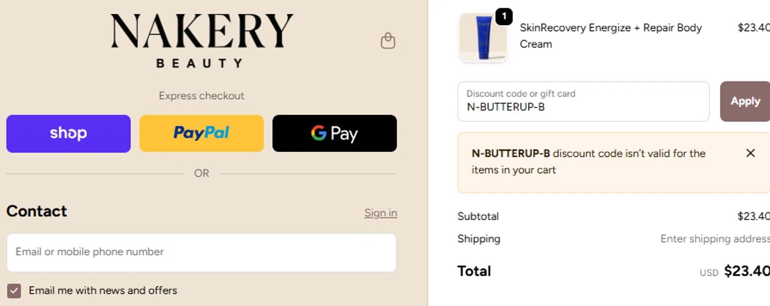 Nakery Beauty promo code screenshot showing code N-BUTTERUP-B applied at Nakery Beauty checkout page. Uploaded by SimplyCodes community member ashe1986 on Nov 19, 2025