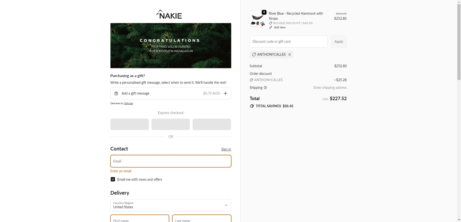 Nakie coupon code screenshot showing code Anthonycalles applied at Nakie checkout page. Uploaded by SimplyCodes community member SilverChaser3269 on Sep 30, 2025