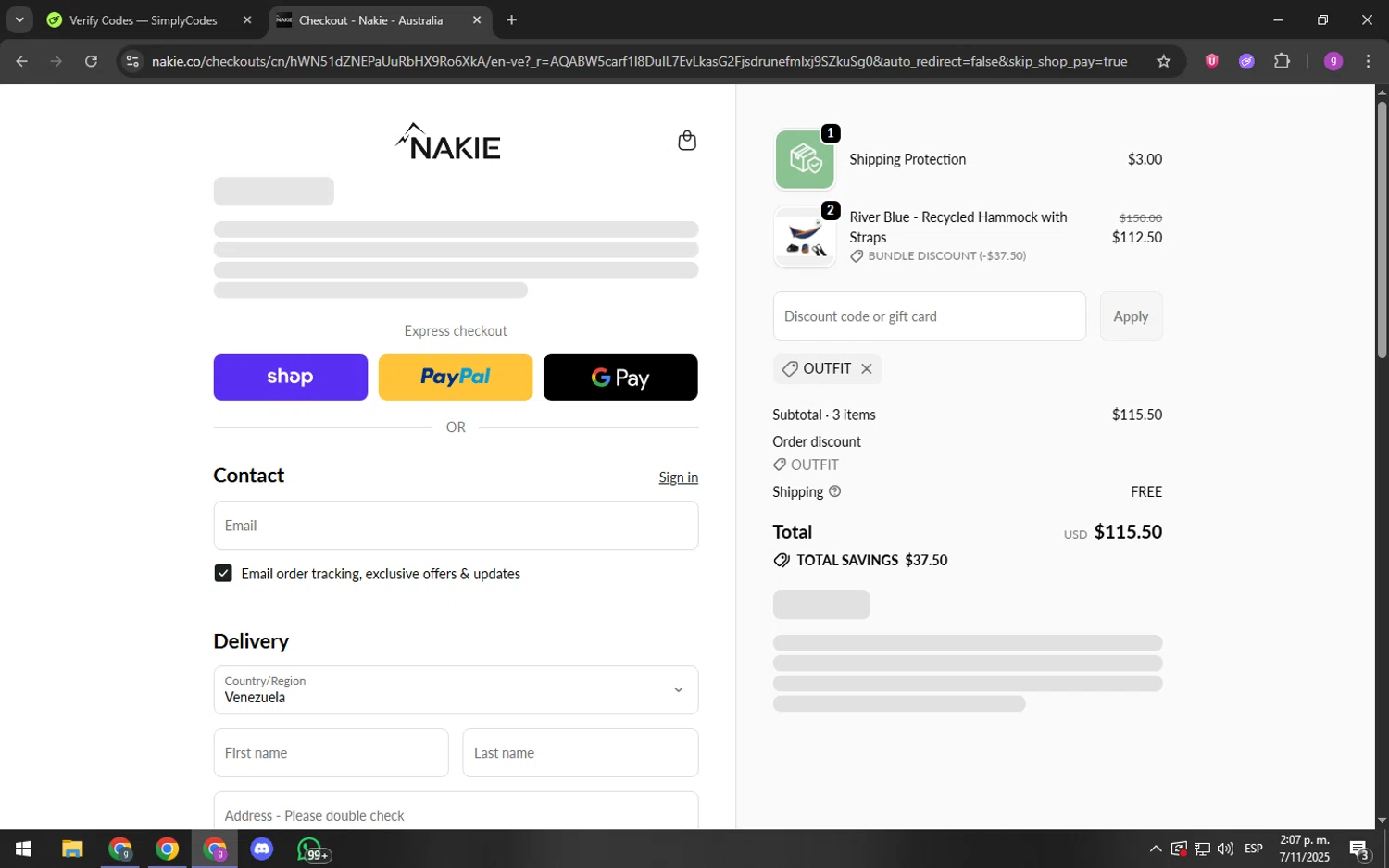Nakie coupon code screenshot showing code OUTFIT applied at Nakie checkout page. Uploaded by SimplyCodes community member youngchecker on Nov 7, 2025