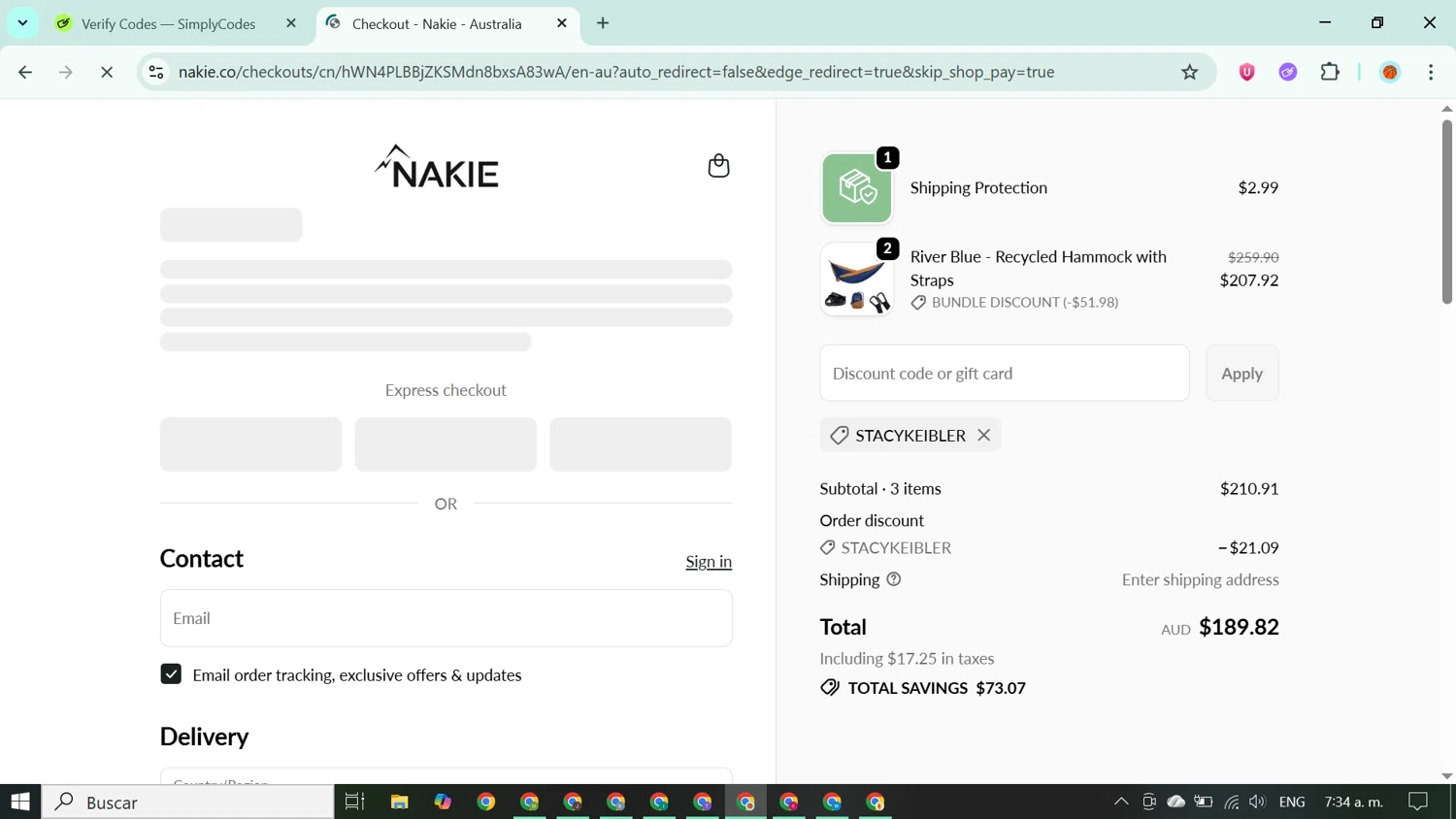 Nakie coupon code screenshot showing code STACYKEIBLER applied at Nakie checkout page. Uploaded by SimplyCodes community member ABUSAMADRES_ on Oct 22, 2025