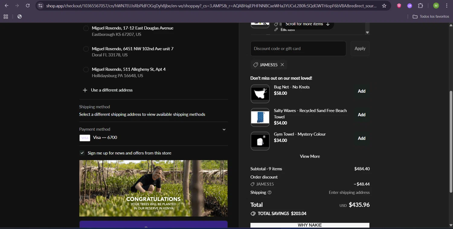 Nakie coupon code screenshot showing code JAMES15 applied at Nakie checkout page. Uploaded by SimplyCodes community member ScanHunter7116 on Jan 4, 2026
