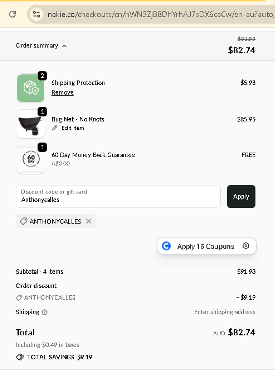 Nakie coupon code screenshot showing code Anthonycalles applied at Nakie checkout page. Uploaded by SimplyCodes community member carmenamandabritoser on Sep 30, 2025