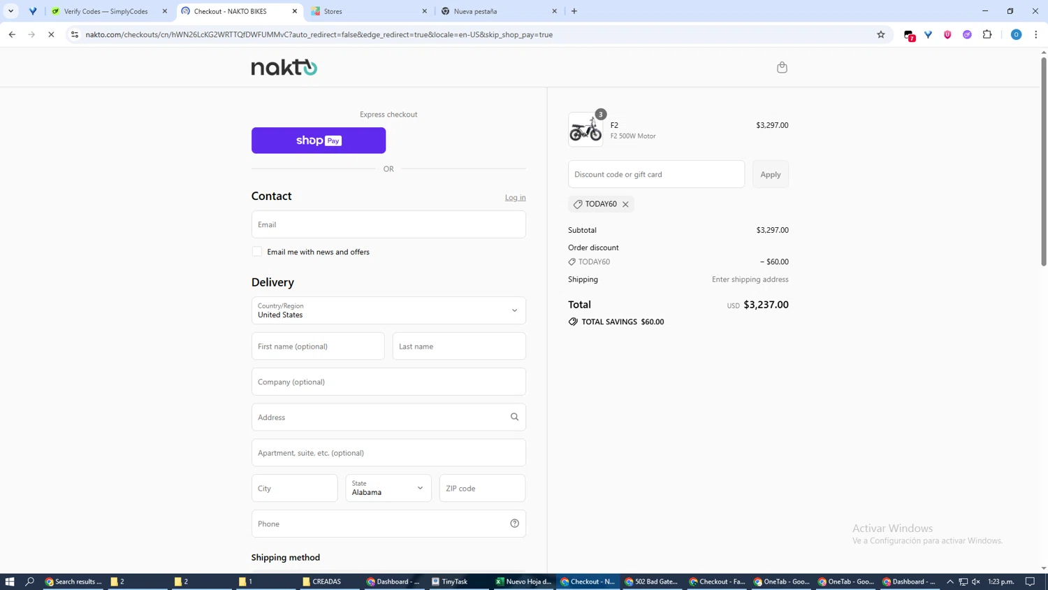 NAKTO Bikes promo code screenshot showing code TODAY60 applied at NAKTO Bikes checkout page. Uploaded by SimplyCodes community member LuckyFalcon3964 on Aug 22, 2025