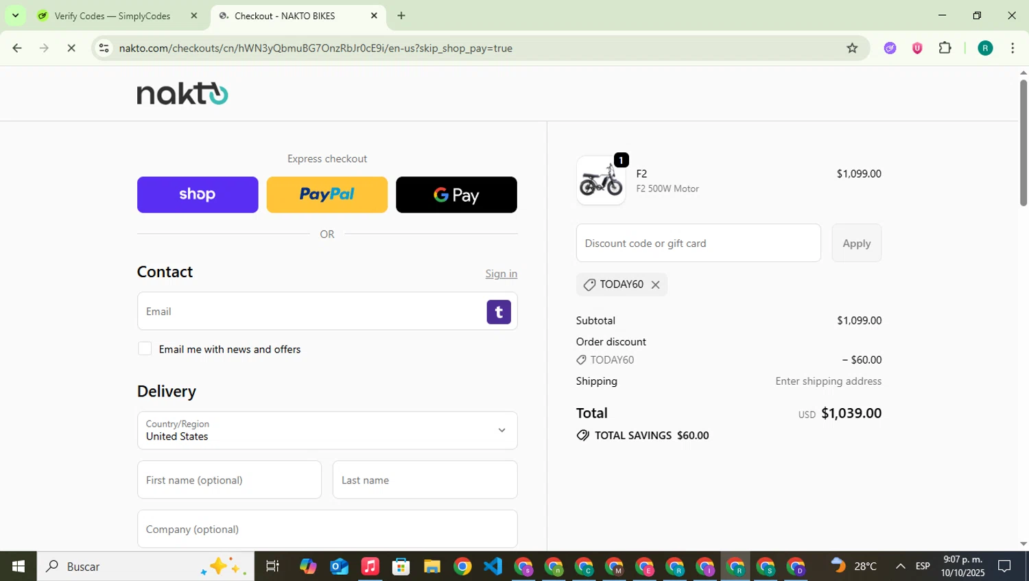 NAKTO Bikes promo code screenshot showing code TODAY60 applied at NAKTO Bikes checkout page. Uploaded by SimplyCodes community member SavingsLegend387 on Oct 11, 2025