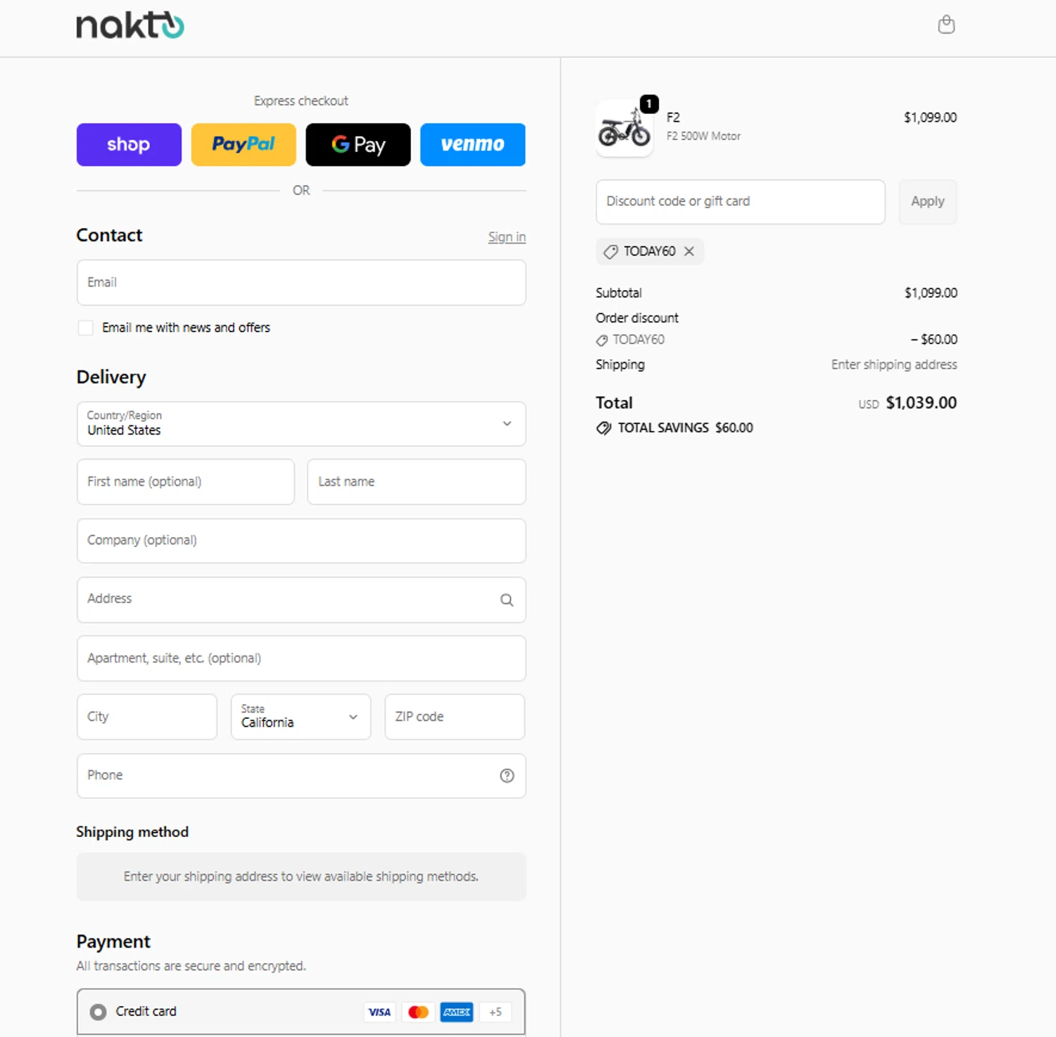 NAKTO Bikes promo code screenshot showing code TODAY60 applied at NAKTO Bikes checkout page. Uploaded by SimplyCodes community member reggiesmith on Oct 27, 2025