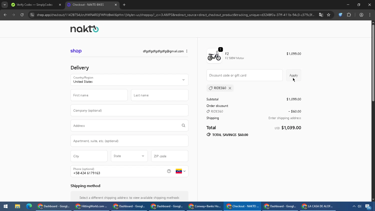 NAKTO Bikes promo code screenshot showing code RIDES60 applied at NAKTO Bikes checkout page. Uploaded by SimplyCodes community member Cynoxx on Oct 23, 2025