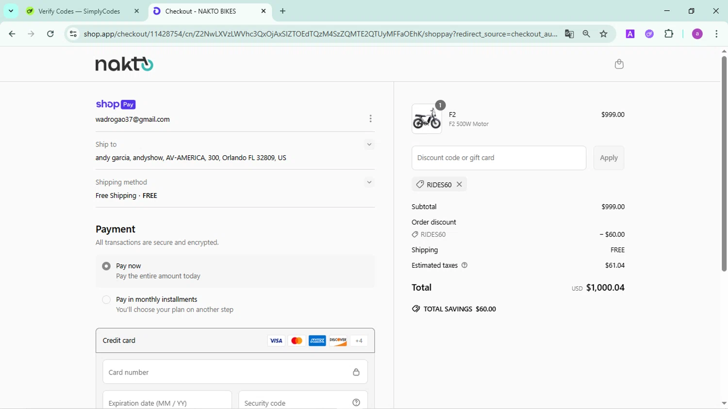NAKTO Bikes promo code screenshot showing code RIDES60 applied at NAKTO Bikes checkout page. Uploaded by SimplyCodes community member FortunatePilot2384 on May 21, 2025