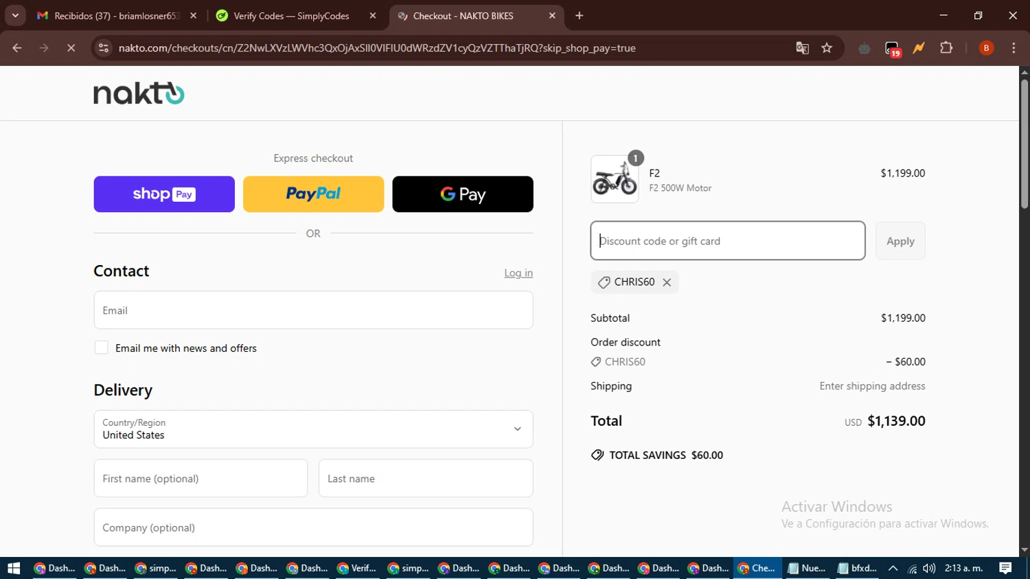 NAKTO Bikes promo code screenshot showing code chris60 applied at NAKTO Bikes checkout page. Uploaded by SimplyCodes community member DiscountExpert6435 on Apr 6, 2025