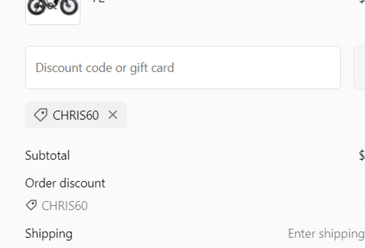 NAKTO Bikes promo code screenshot showing code chris60 applied at NAKTO Bikes checkout page. Uploaded by SimplyCodes community member GloriousMaverick573 on Feb 22, 2025
