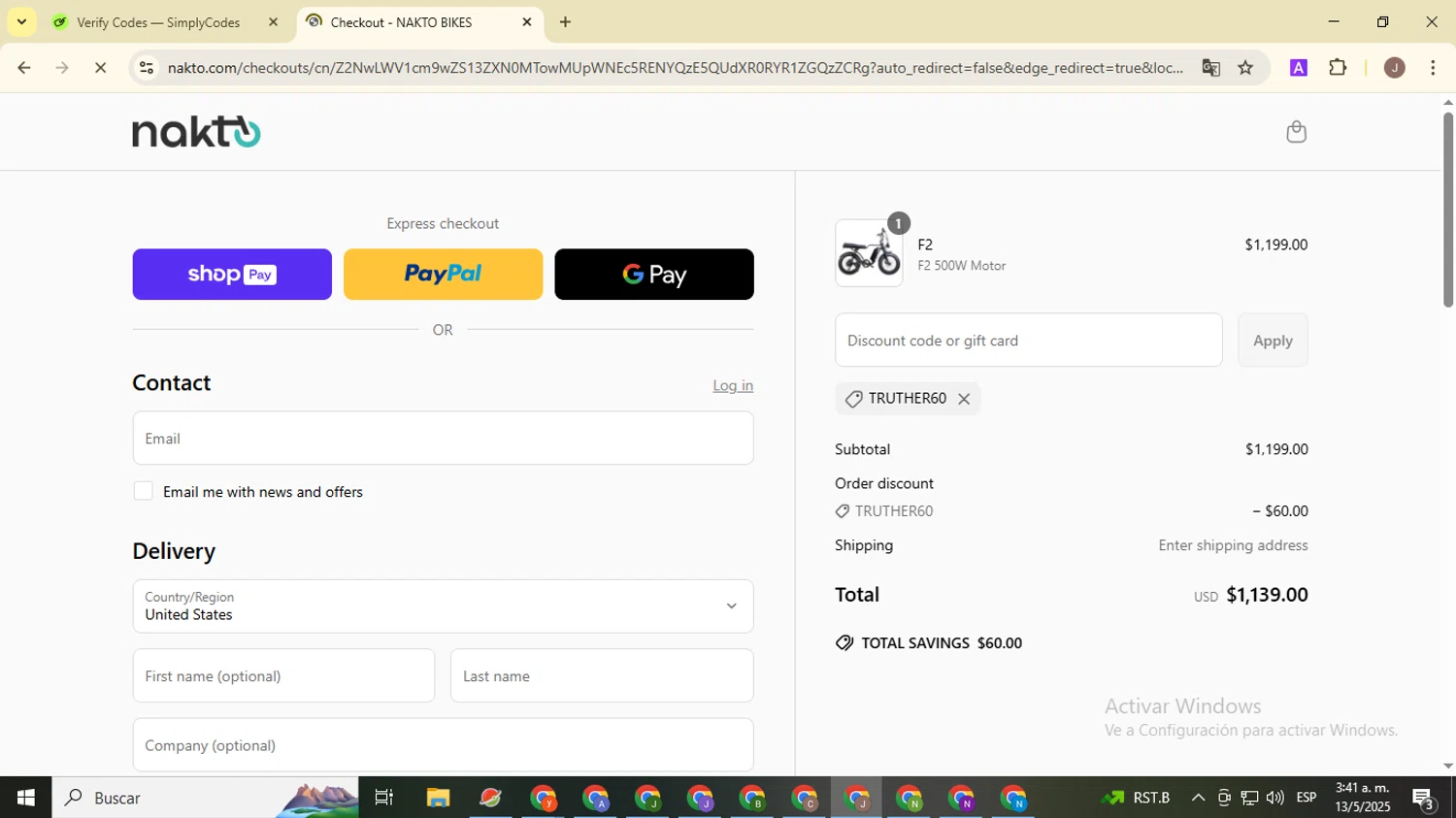 NAKTO Bikes promo code screenshot showing code TRUTHER60 applied at NAKTO Bikes checkout page. Uploaded by SimplyCodes community member ValiantHero2365 on May 13, 2025