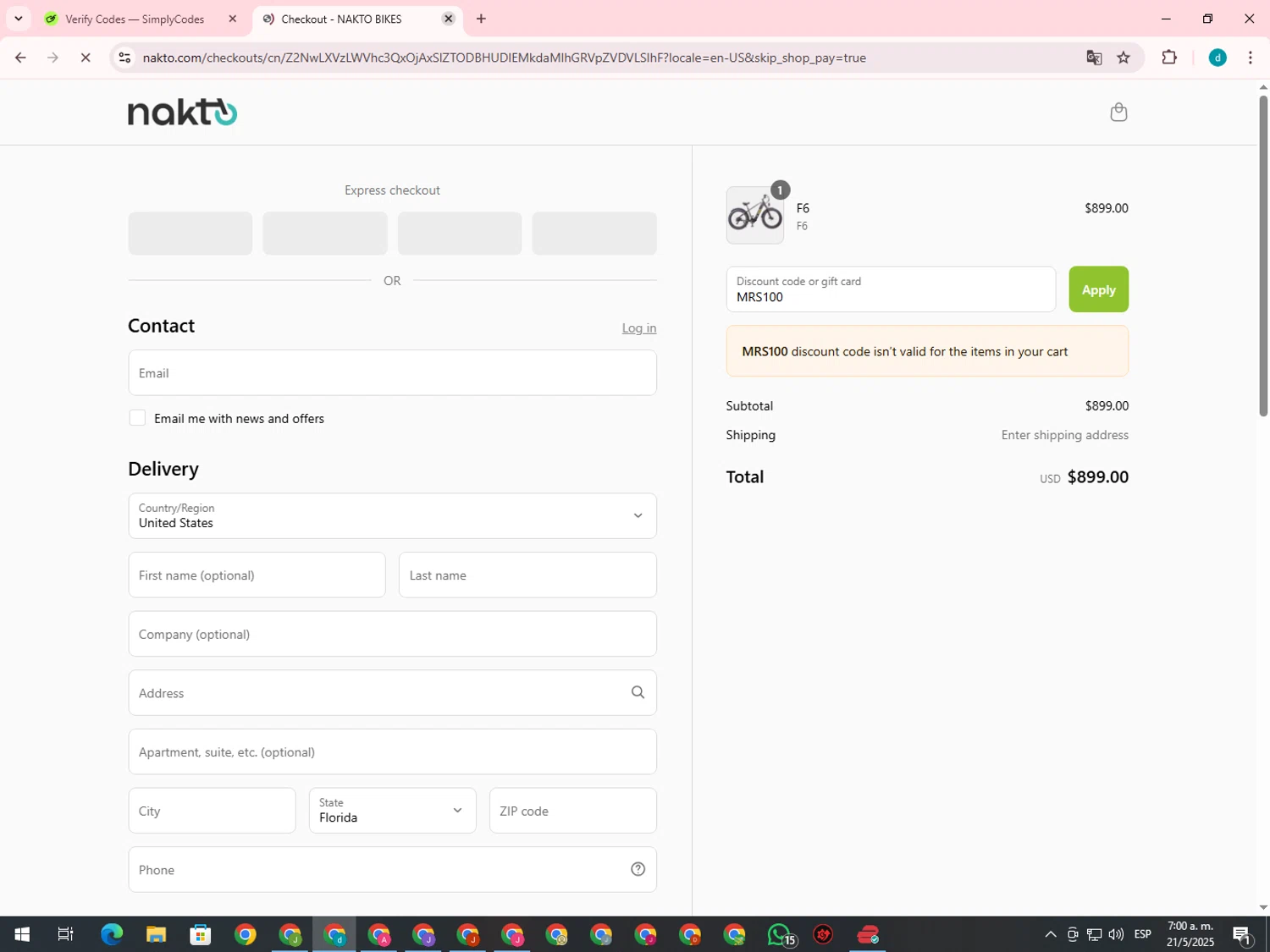 NAKTO Bikes promo code screenshot showing code MRS100 applied at NAKTO Bikes checkout page. Uploaded by SimplyCodes community member GloriousTiger3507 on May 21, 2025